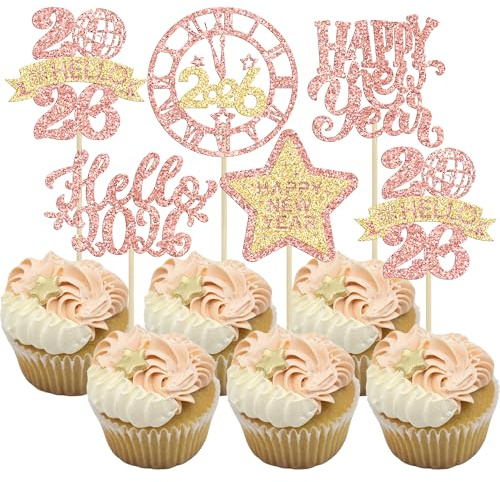 Gyufise Cupcake-Topper Happy New Year 2025, Hello 2025, Cupcake-Picks, Cheers to 2025, Mitternachtsuhr, Feuerwerk, Hello 2025, Kuchendekorationen für 2025, Happy New Year Eve Partyzubehör, Roségold,
