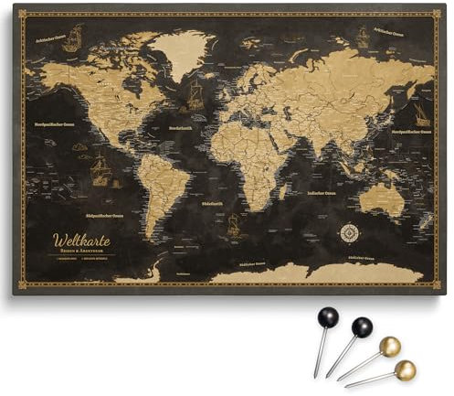Personalisierbare Leinwand aus Weltkarte Motiv mit Rückwand-Pinnwand, perfekt für Reisende und als Wanddekoration, Dekorative Leinwandbilder, inkl. 100 Pins (Design 1, 90x60cm)