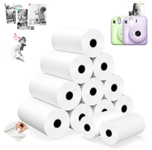 Lot de 12 rouleaux de papier autocollant Atnadov pour imprimante thermique - Pour la plupart des appareils photo instantanés des enfants - Blanc