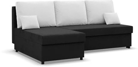 Mebligo Kemi - Ecksofa mit Schlaffunktion, Bettkastem, Komfort und Still, Schaum, schwarz + weiß (Mikrofaza 15)