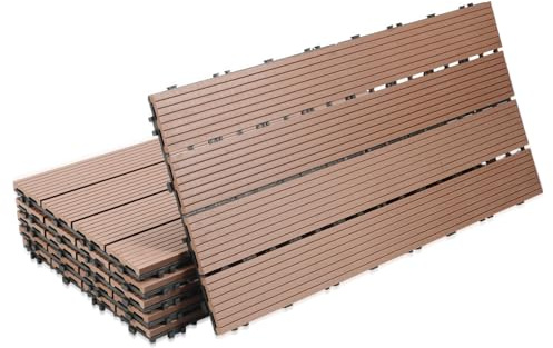 Eulenke WPC Terrassenfliesen 6 Stück, 30x60 cm Terrassendielen für Balkon Boden, Klickfliesen, Balkonfliesen in Holzoptik, Bodenbelag Wetterfest für Terrasse, für 1 m², Braunrot