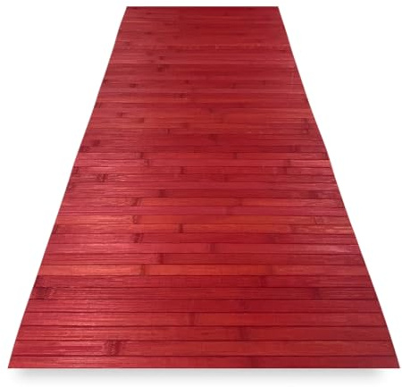 Alfombra de cocina de madera de bambú WOODY – Rojo liso, antideslizante, fácil de limpiar – 50 x 360 cm