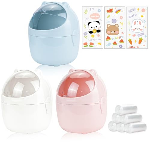 3 Small Bin with 180pcs Trash Bags, Cute Bathroom Bin with Flip Lid, Cartoon Portable Desk Trash Can with 3 Stickers for Kids, Plastic Kawaii Tiny Mini Office Bins for Bathroom Office Coffee Kitchen
