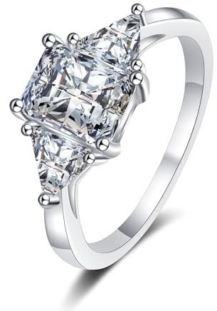 Eheringe Weissgold 585, Ring Verlobung Radiant mit 3 Karat Weiß Rechteckschliff Laborgewachsener Diamant Größe 62 (19.7)
