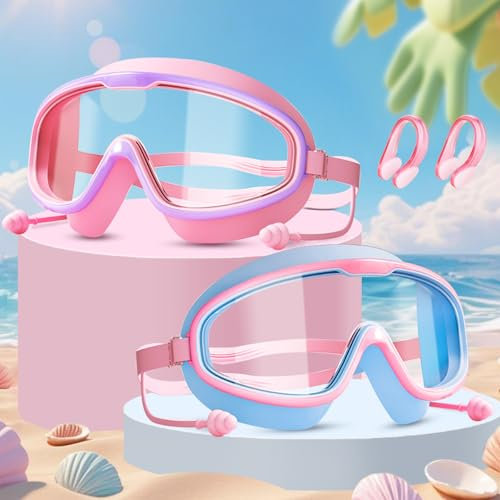 WuGU 2 Piezas Gafas de Natación de Silicona, Gafas Natacion Niñas, Gafas de Correa para Niños con Clip de Nariz Enchufe de Oído y Bolsa Portátil, Antivaho Sin Fugas Anti-UV (Rosa)