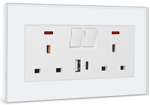 BSEED Double Socket 13A with 2 USB A and USB C 18W, Double Switched Socket 2 Gang UK Standard, Switched Outlet with Glass Panel, Electric Power Outlet White