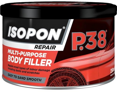 HOCHSTE U Pol P38 Easy Sand Body Filler Car Body Repair Kit with Hardener for Metal, GRP, and Paint Two-Part Polyester Paste for Dents, Scratches, Holes, Smooth Finish, Paintable Surface Red 250ml