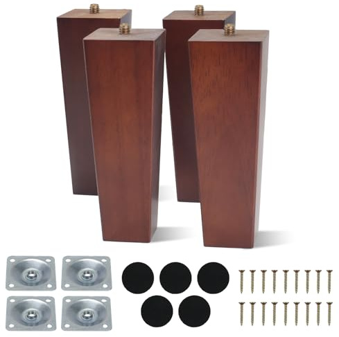 AWBEOT 4 PCS 15 cm Möbelfüße Holz, Möbelbeine aus Holz, Tischbeine Vierkant Möbelbeine, Massivholz Beine, Sofa Ersatzbeine, mit Montageplatten,Schrauben,Filzgleiter,für Bett,Schrank,Stuhl,Walnussfarbe