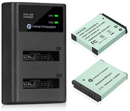 FirstPower NB-6LH NB-6L 2 Pack Battery and Dual USB Charger Compatible with Canon Powershot SX500 IS, SX710 HS,SX520 HS,SX530 HS,SX510 HS,S120,SX700 HS,SX610 HS,SX600 HS, D30, S90, S95 Cameras