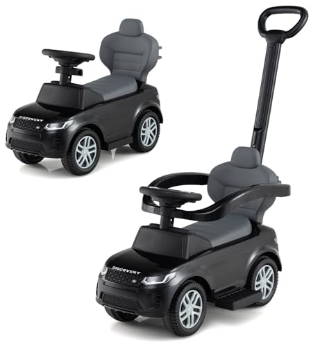 DREAMADE 3 in 1 Kinder Rutschauto, Schiebeauto mit abnehmbare Schiebestange, Kinderfahrzeug mit einziehbare Fußstütze, Kippschutz, Hupe, Stauraum, Rutschfahrzeug für Kinder ab 1 Jahr (Schwarz)