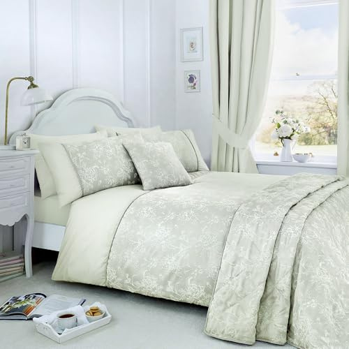 Dreams & Drapes Woven Jasmine Duvet Cover Set, 55% Cotton 45% Polyester, Super-King 260x220cm, Green, Jacquard, Floral Pattern, 142 Thread Count