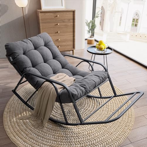 IRONCK Patio-Schaukelstuhl mit Kissen, Übergroßer Garten-Schaukelstuhl mit Armlehnen und Fußstütze, Moderner Lounge-Stühle für Wohnzimmer, Garten, Terrasse & Balkon, Grau