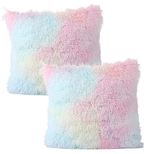 TYXHXTF 2er Set Kissenbezug 45x45 cm, Dekorative Dekokissen,Winter Flauschig,mit Reißverschluss,Geeignet für die Schlafzimmersofa -Dekoration (Regenbogen, 45x 45 cm)