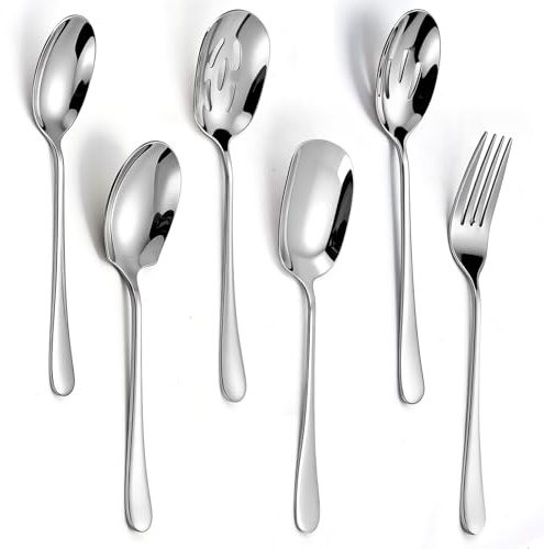 LFBEST 5PCS Serving Spoons Large, Stainless Steel Utensils Set with Fork Non Toxic, Soup Spoons Long Handle Perfect for Buffet Kitchen Cooking Serving Restaurant