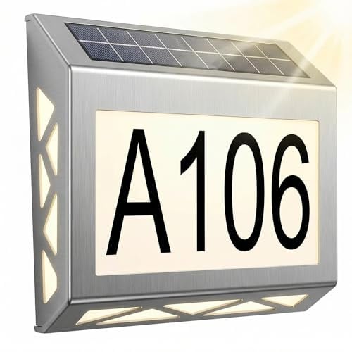 Lampe solaire pour numéro de maison, numéro de maison éclairé solaire 8 LED, numéro de maison éclairé avec éclairage LED en acier inoxydable IPX5, détection automatique jour et nuit, 10 lumens