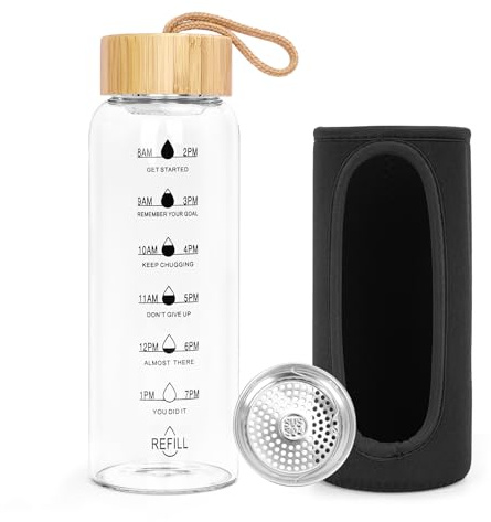 Trinkflasche Glas 750ml mit Zeitmarkierungen & Edelstahl Sieb & Schutzhülle,BPA-frei Sport Wasserflasche Glas,Weithals Glasflasche 750ml Auslaufsichere Trinkflasche aus Glas für Büro,Schule,Fitness
