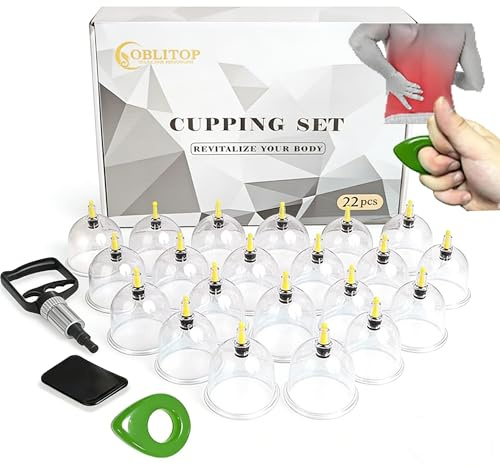 OBLITOP Juego de 22 ventosas para terapia de ventosas, tamaño grande V2.0, para hombres y mujeres, vasos de vacío para músculos corporales, dolor de espalda, masaje, celulitis, ventosa, juego de