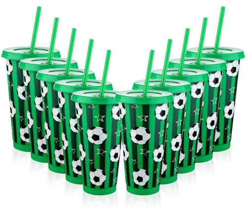 10 Stück 700 ml Plastik Fußball Tasse Becher Geschenke Wiederverwendbare Trinkflaschen mit Deckel und Strohhalm Fußball-Sportball Geburtstagsfeier für Trainer Fans Teamdekoration