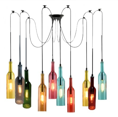Pendelleuchte Flaschendesign, 10-flammig, Glas, E27, Höhenverstellbar | Vintage-Stil, Bierflaschen-Design, Deckenleuchte für Kücheninsel Wohnzimmer, 110-220V