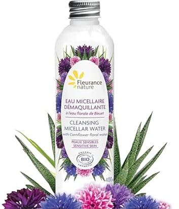 Fleurance Nature- Eau Micellaire demaquillante à l'eau florale de bleuet Bio- 400ml- Cosmetique certifié Bio Cosmos Ecocert- Soin visage femme demaquillant bio- peaux sensibles- sans savon- 26147