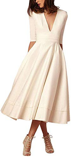 CARINACOCO Donna Vestiti Lunghi da Matrimonio Elegante Collo V Vestito A Pieghe Skater Abito Maxi Damigella Sera Cerimonia Inverno Bianco XXL