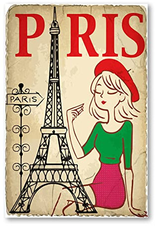 Postereck - 1058 - Vintage Plakat, Paris Frankreich Frau Eiffelturm - Spruch Schrift Wandposter Fotoposter Bilder Wandbild Wandbilder - Poster - 3:2-30,0 cm x 20,0 cm