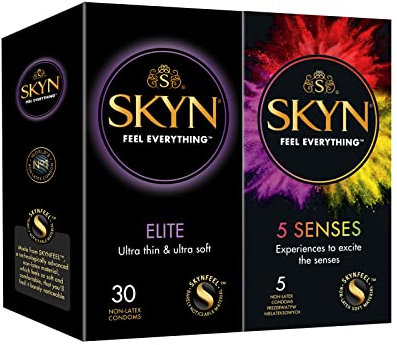 SKYN Elite Kondome 30 Stück & 5 Senses Kondome 5 Stück/Skynfeel Latexfreie Kondome für Männer, Gefühlsecht Hauchzart, Extra Dünn & Extra Weiche Kondome Box, Sensitiv, Kondome 53mm Breite