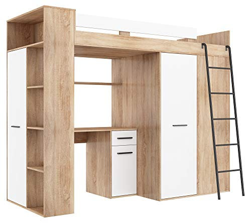 BIM Furniture, VERANA P - Letto a castello, letto a soppalco, 190x90 cm, con scale, armadio, mensola, scrivania, per bambini, lato destro (rovere Sonoma/bianco)