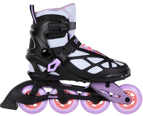 Playlife Inline Skates Lancer White 84, Schwarz/Weiß/Lila, Unisex für Herren und Damen, 84mm/82A Rollen, ABEC 5 Kugellager, Art. nr.: 880274