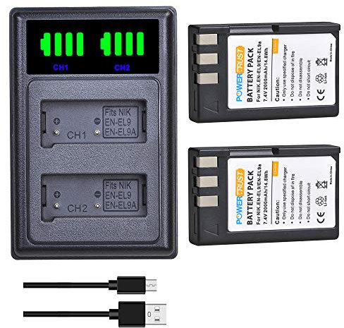 PowerTrust 2Pcs EN-EL9 EN-EL9A Battery and Charger for Nikon D5000, D40, D40x, D60, D3000 Camera