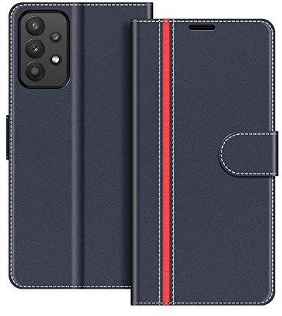 COODIO Coque en Cuir pour Samsung Galaxy A32 5G, Étui Housse Pochette Fonction Stand pour Samsung Galaxy A32 5G, Bleu Foncé/Rouge