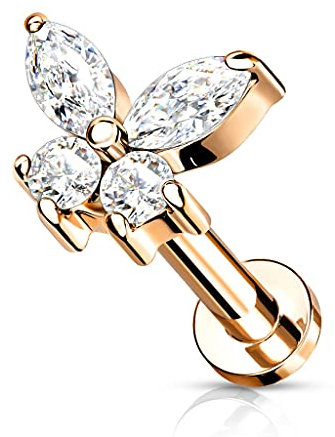 beyoutifulthings 1 Knorpel Ohr-Stecker Zirkonia Schmetterling 8 mm Länge Roségold Clear Cartilage Labret Piercing-s Edelstahl Schraub-Verschluss
