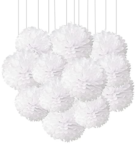 White Hanging Tissue Paper Pom Poms for Birthday Wedding Decorations（6Pcs 12in & 6Pcs 10in）