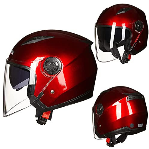 Jethelm Im Vintage-Stil, Erwachsene 3/4 Retro-Motorradhelme Motorrad-Halbhelm Für Männer Und Frauen Mit Doppelvisier, Sommerroller, Leichter Mopedhelm, ATV-Straßenhelm,Rot,M