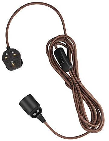 Teynewer Pendant Light Ceiling Lighting Fitting, E27 Lamp Holder with Switch Suspended Pendant Light Fitting Kit, 2 Core Textile Cable UK Plug (Brown, 3m)