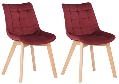 CLP 2er-Set Esszimmerstühle Passaic Samt, ergonomisch gepolstert & gesteppt, mit Bodenschonern, bis 150 kg belastbar, Farbe:rot