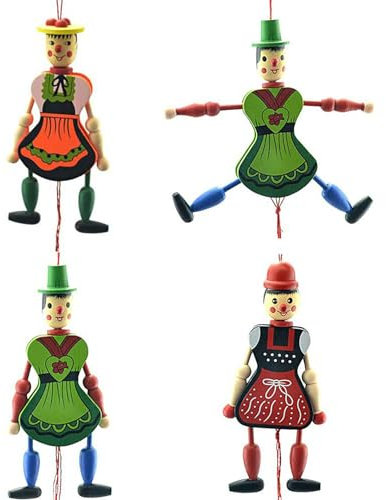 Fnjuucw 4 Stück Clown-Zugschnurpuppe, lustige Holzpuppe, Spielzeug, bewegliche Hände und Füße, für Ornamente, hängende Dekorationen, Weihnachten, Eltern-Kind-Interaktives, lustiges Spielzeug, Geschenk