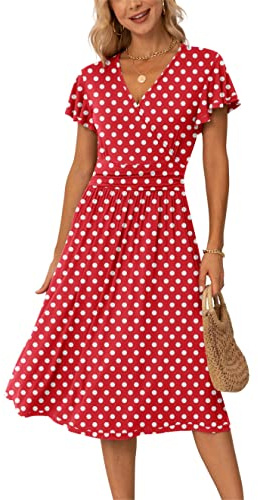 GRECERELLE Robe d'été décontractée à volants et col en V pour femme, 20 pois rouges et blancs, S