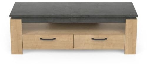 Demeyere Meuble TV 2 Tiroirs-Décor Chêne et Gris Anthracite-Fabrication Française-Style Contemporain-pour Salon-L140 l42 H47 cm, Bois d'ingénierie, Brown, L 140 x P 42 x H 47 cm
