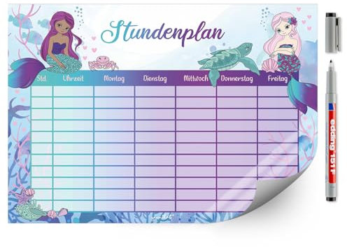 Stundenplan Meerjungfrau in lila grün türkis I DIN A4 selbstklebende Folie (21 x 29,7 cm) permanenthaftend I zum Schulanfang I wieder beschriften I dv1226