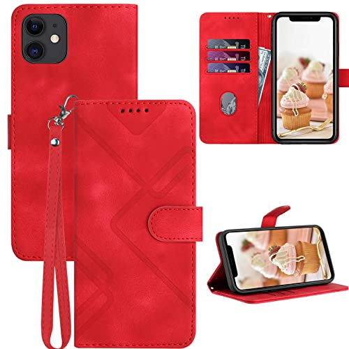 GOTOURED for iPhone 11 Phone Case Wallet, Card Holder Leather, Wrist Strap, Magnetic Closure, Kickstand, Shockproof Protective Pattern Flip Cover (Red)