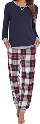 Ekouaer Pyjama Femme Carreaux Vêtement d'Intérieur Automne Hiver S-2XL | 2 poches, taille élastiquée à cordon, bords côtelés chauds, imprimé tendance, tissu doux et respirant, coupe décontractée