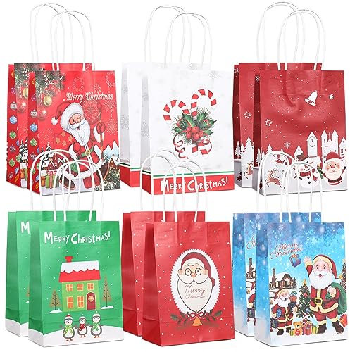 12PCS Weihnachtsgeschenktaschen 6 Arten Taschen Weihnachtskraftpapiertaschen mit Griffen Weihnachts Taschen mit Weihnachtsdrucken für Weihnachtsgeschenkverpackung Weihnachtsfeierzubehör