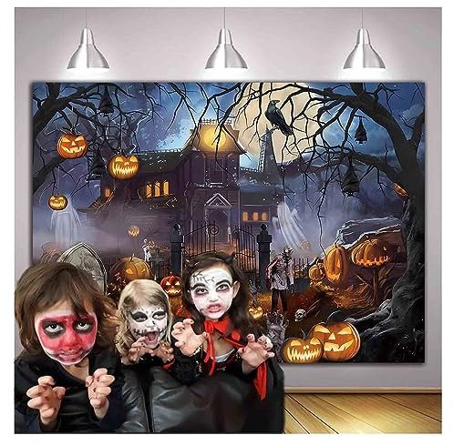 Halloween-Themen-Hintergrund, 2,4 x 1,8 m, für Fotografie, gruselig, Geist, Schloss, Mond, Nacht, gruselig, Kürbis, Laterne, Krähe, Fotohintergrund für Horror, Halloween, Party, Portraits, Dekoration,