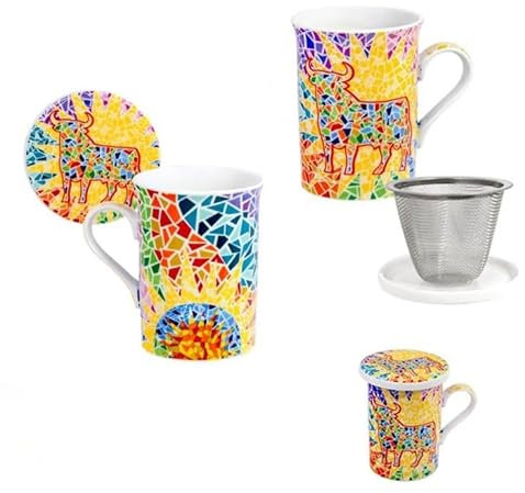 DRW Set mit 4 Teetassen mit Metallfilter Stier Design Gaudi Tasse 10 x 7 x 10 cm