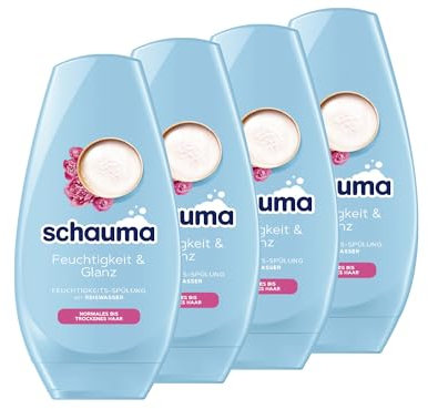 Schauma Schwarzkopf Feuchtigkeits-Spülung Feuchtigkeit & Glanz (4x 250 ml), Haarspülung lässt das Haar glänzen, Spülung mit Reiswasser für normales bis trockenes Haar