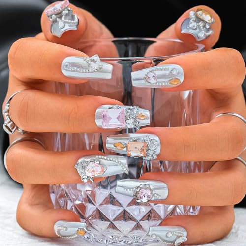 Sethexy Medium Coffin Silver Handmade Press On Nails 3D Rhinestone Fake Nail Metallic Chain Luxury Stick On Nails Acrylic Glossy False Nails for Women and Girls 10PCS (6)