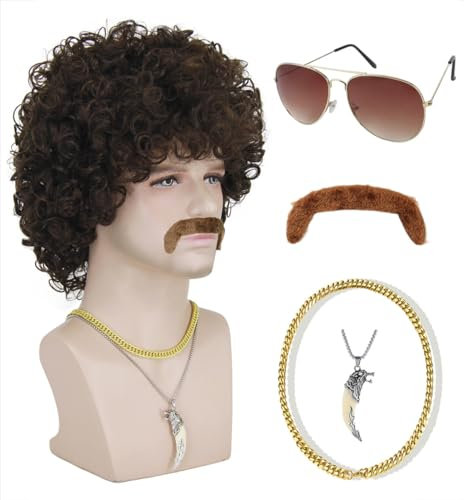 Vokuhila Perücke Herren mit 6pcs Zubehör 70er 80er Jahre Outfit Herren Disco Kostüm Afro Perücke für 70er Jahre Bekleidung Herren 80er Jahre Kostüm Fasching Halloween Braun DE091BR