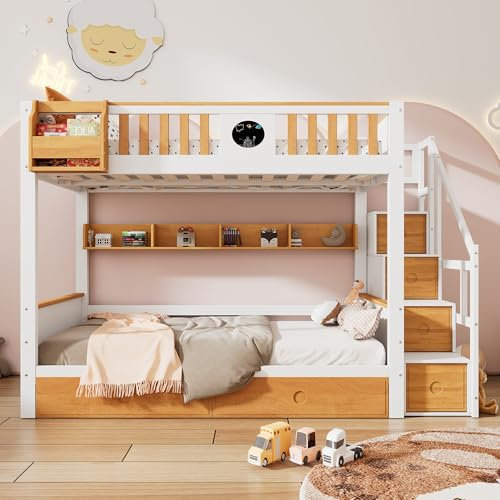 Letto a castello con scale, lavagna, mensole e scaffali, telaio in legno di pino e MDF, lettino con 4 armadietti nelle scale, con griglia anticaduta e 2 cassetti, bianco+naturale, 90 x 200 cm