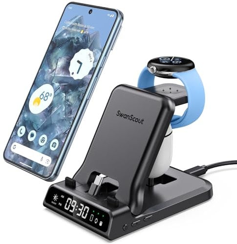 3 in 1 Charger Stand for Google Pixel Watch 3/2, 25W Fast Charging Station for Pixel 9 Pro/Pro XL/9/8a/8/8 Pro/7a/7/7 Pro/6, Pixel Buds Pro 2, SwanScout 701G2